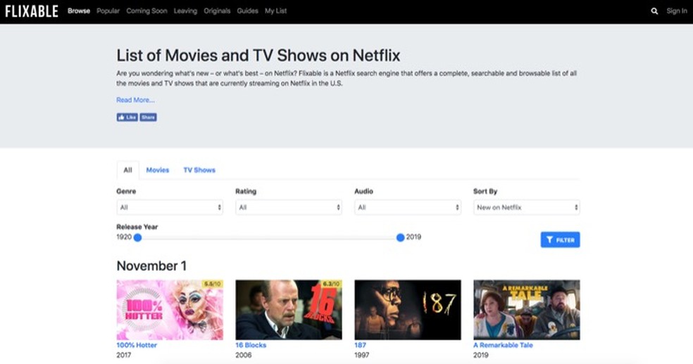 FlixAble site lets you find movies and shows to watch in the Netflix catalog Photo: Reproduction / Marvin Costa