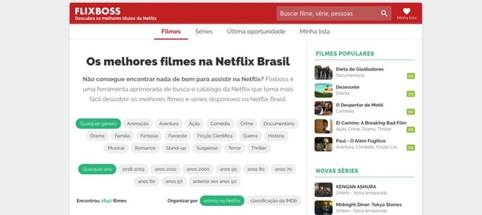FlixBoss site helps find movies to watch in Neflix's Brazilian catalog Photo: Reproduction / Marvin Costa