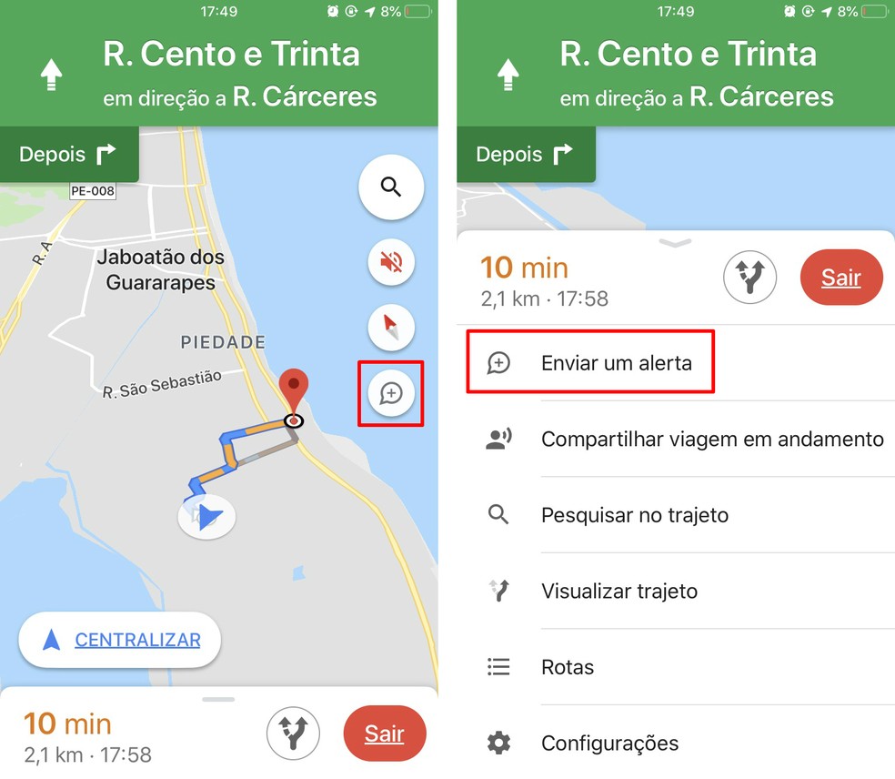   You can add alerts in Google Maps using the side shortcut or command in the bottom menu. Photo: Playback / Rodrigo Fernandes