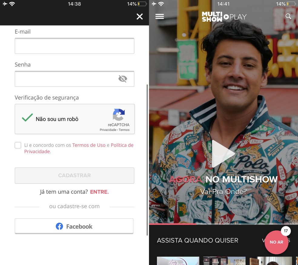 When to start live streaming in the Multishow Play app Photo: Playback / Marvin Costa