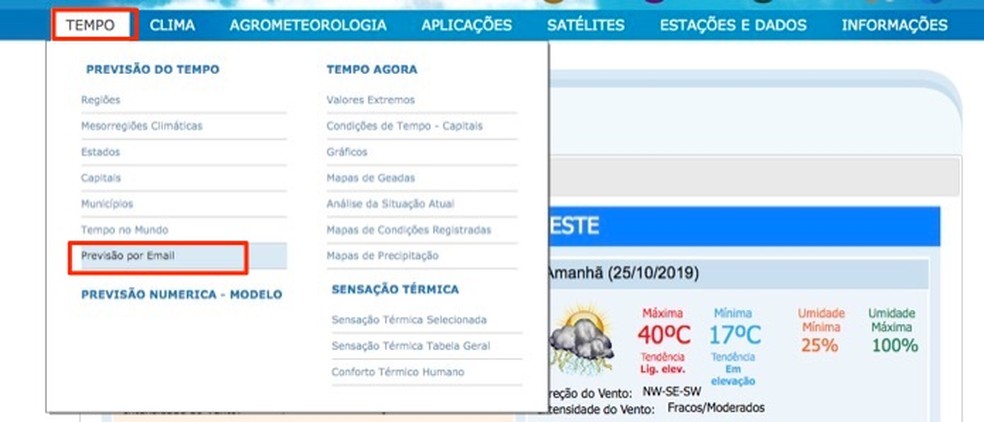 By to view the tool to receive weather information by email on the INMET website Photo: Reproduction / Marvin Costa