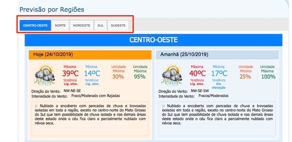 Weather information for regions of Brazil on the INMET website Photo: Reproduction / Marvin Costa