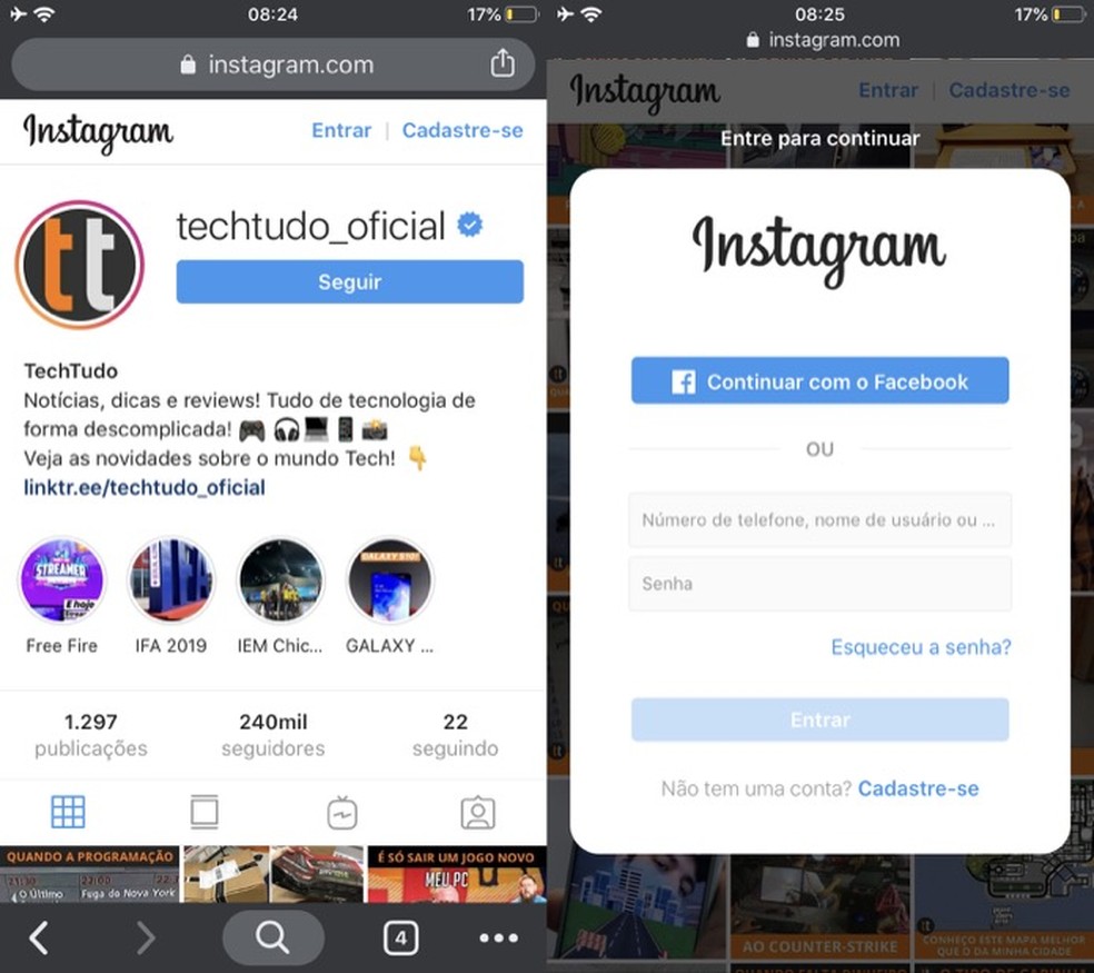 Lock for content preview when accessing Instagram using mobile browser Photo: Playback / Marvin Costa
