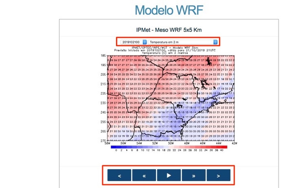 Screen with WRF forecast model on IPMet website Photo: Reproduction / Marvin Costa
