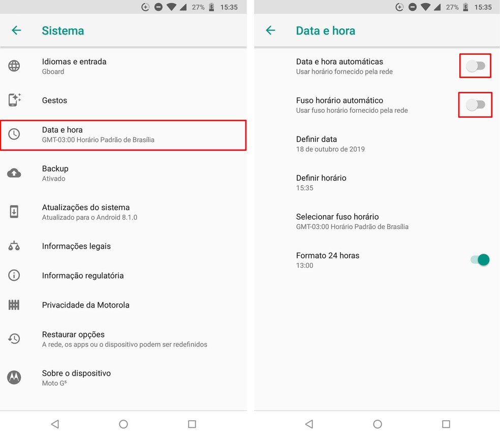 Disabling automatic date and time setting in Android Photo: Playback / Rodrigo Fernandes
