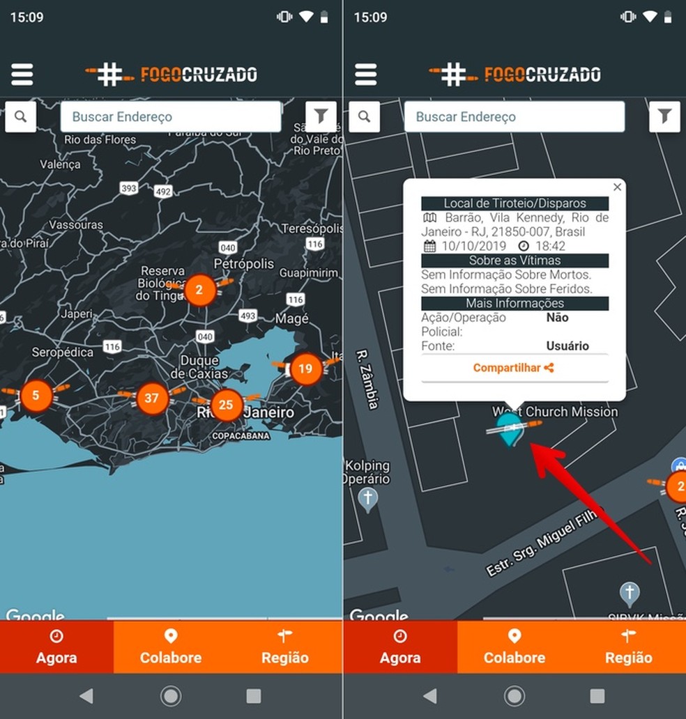 Viewing details about a shooting in the Crossfire app Photo: Reproduction / Helito Beggiora