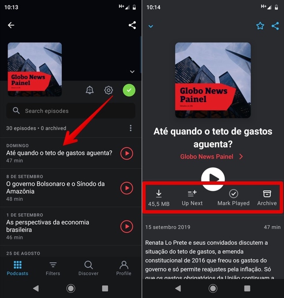 Accessing episode information on Pocket Casts Photo: Reproduction / Helito Beggiora