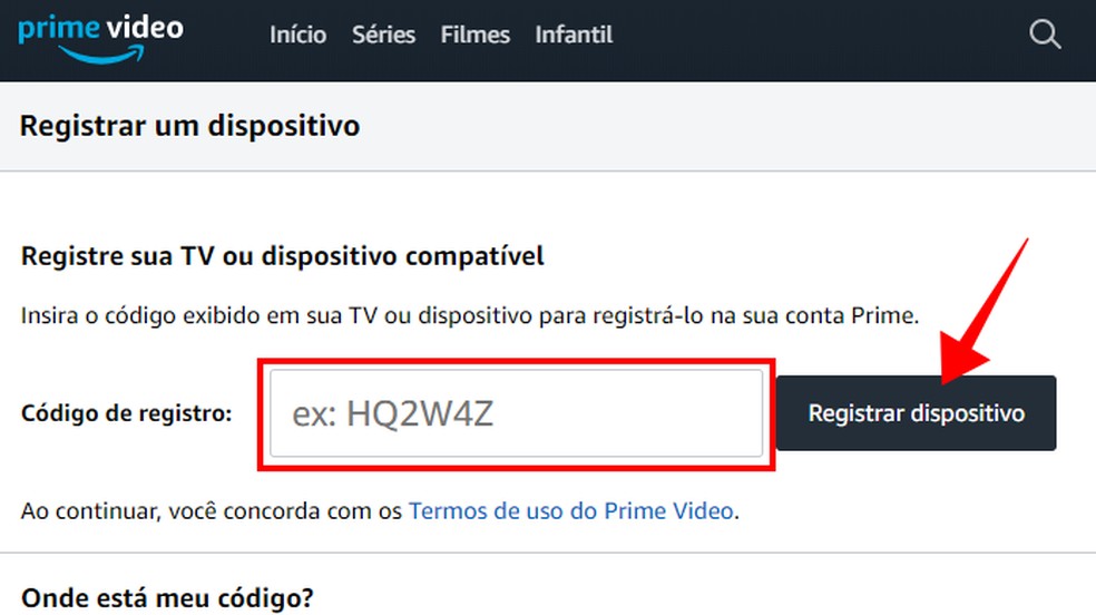Tell me which device code in the Prime Video app on the new device Photo: Playback / Paulo Alves