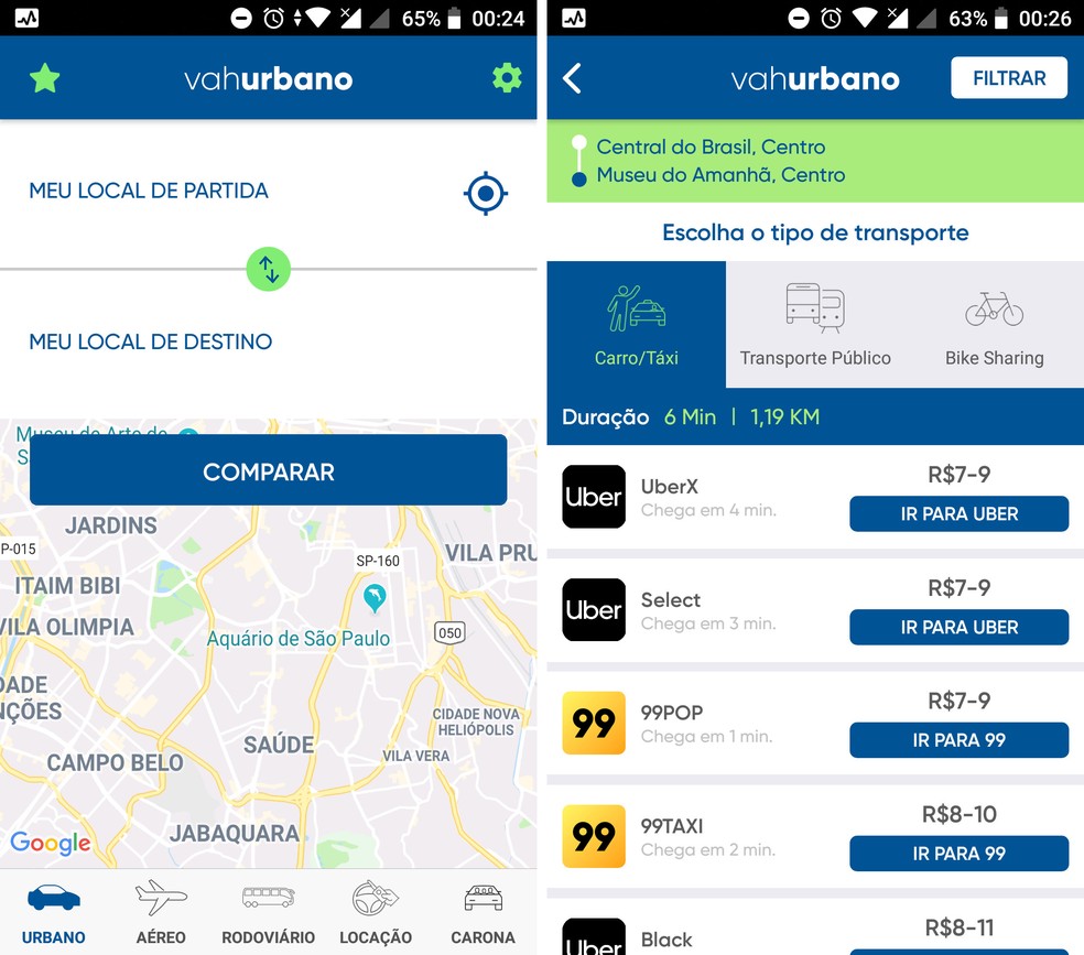 App Vah compares transport prices and shows discount codes Photo: Reproduo / Isabela Cabral
