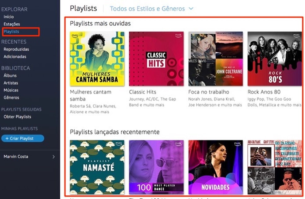 Playlists suggested by the streaming service Prime Music Photo: Playback / Marvin Costa