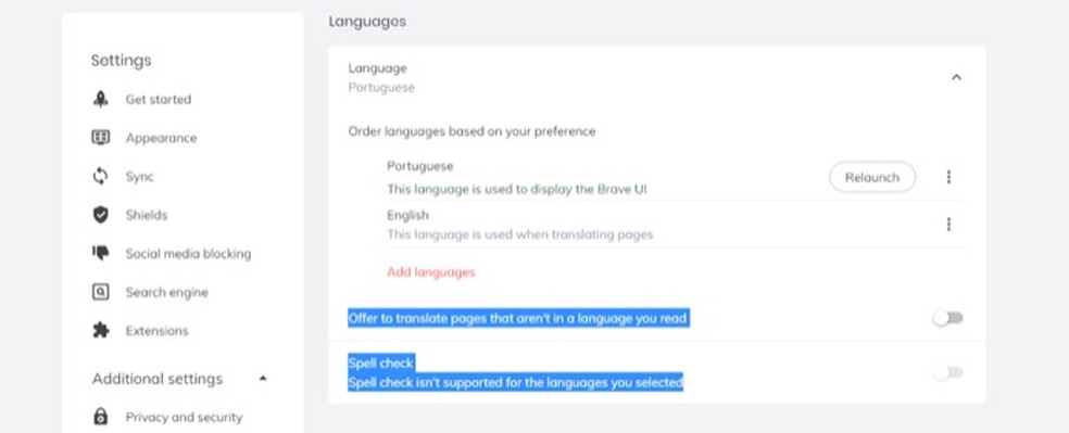 area to set the portuguese language as default in browser Brave Photo: Playback / Marvin Costa