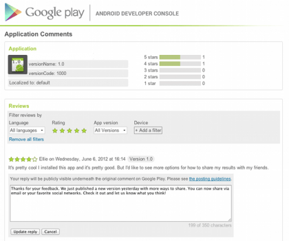 Developers can now respond to comments on Google Play