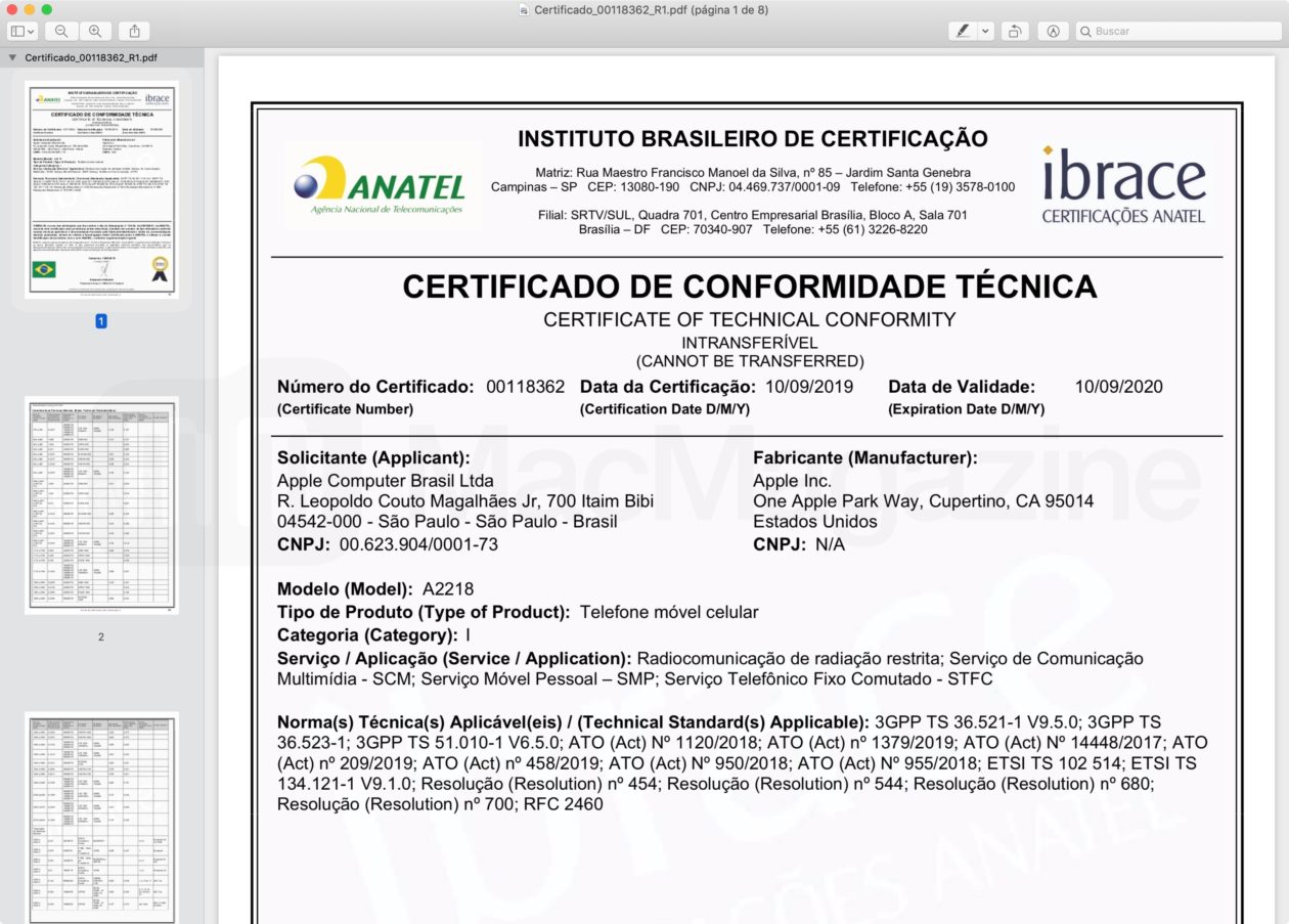 IPhone 11 Pro Max Certificate (Anatel)