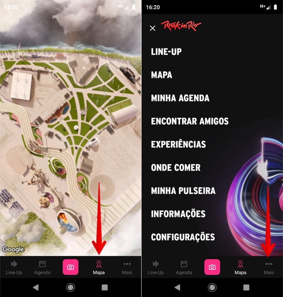 Map and other features of the Rock In Rio 2019 app Photo: Reproduo / Helito Beggiora