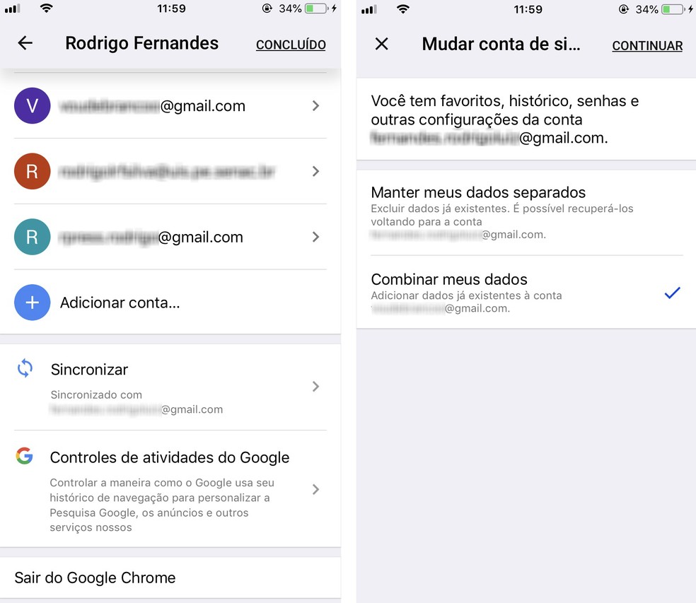 Chrome allows you to synchronize data from several Google accounts on your phone Photo: Reproduo / Rodrigo Fernandes