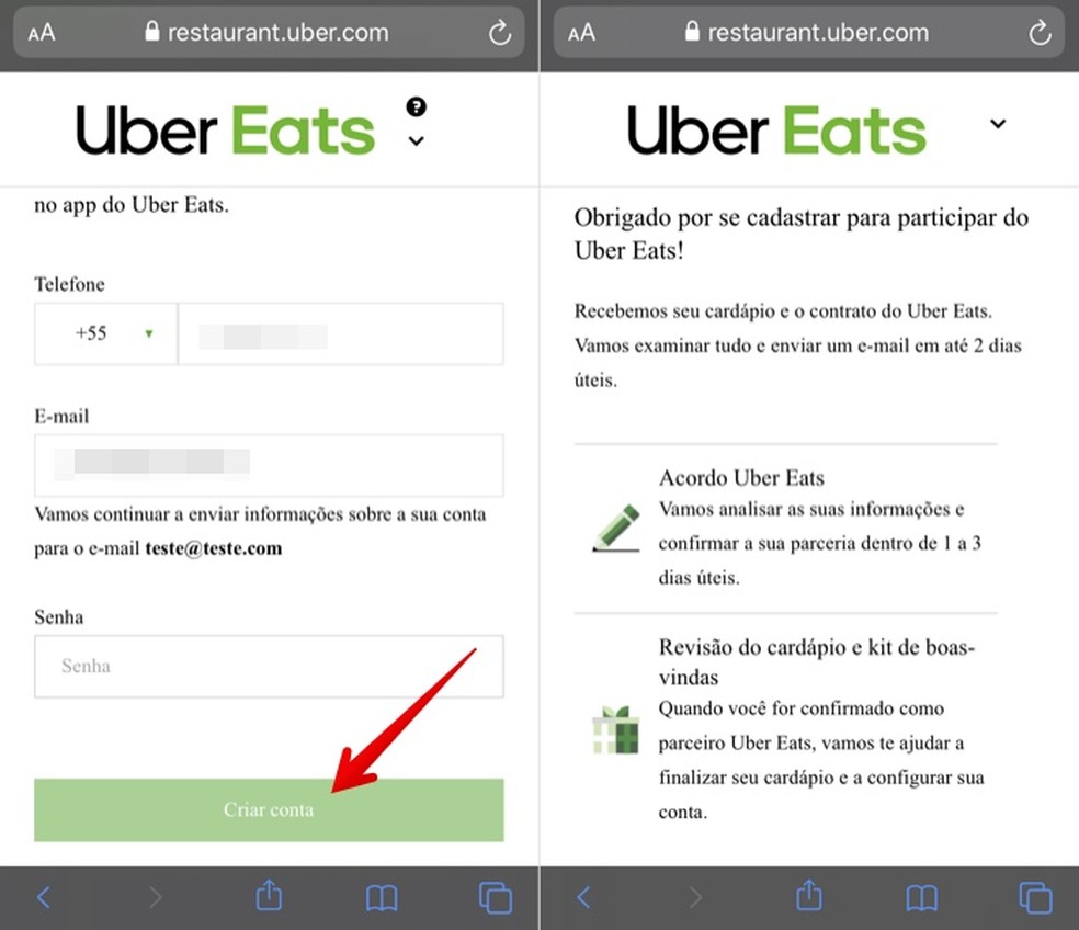 Confirm your details and create a password for your Uber Eats account Photo: Reproduction / Helito Beggiora