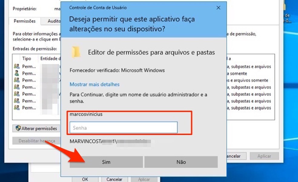 Screen to provide computer administrator password to change ownership of a folder or file in Windows 10 Photo: Playback / Marvin Costa
