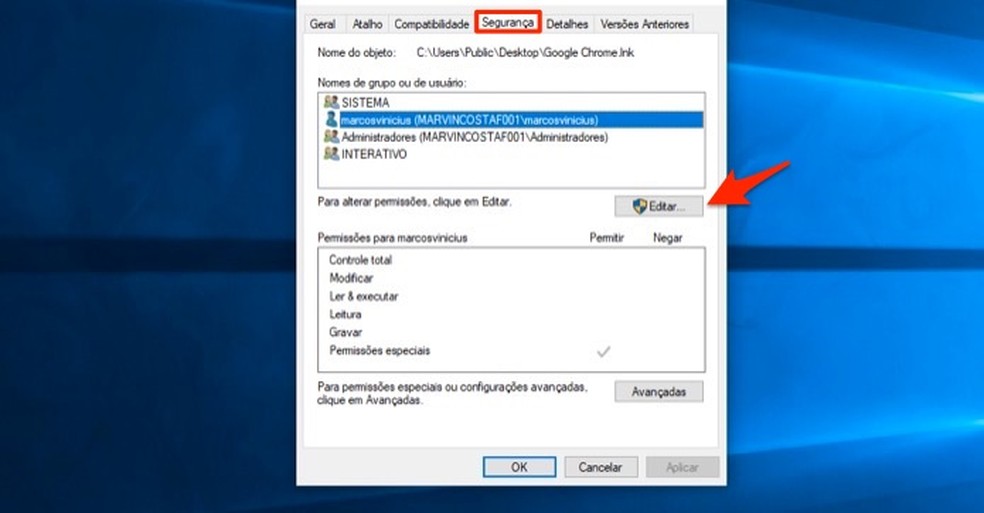 When to edit security options for a Windows 10 folder or file Photo: Playback / Marvin Costa