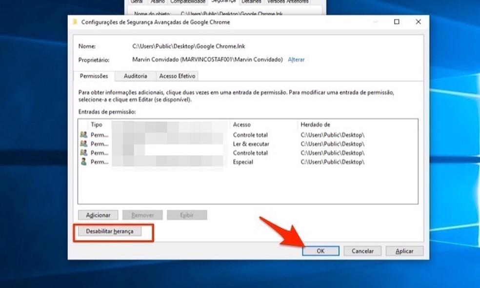When to finalize the change in ownership of a folder or file in Windows 10 Photo: Playback / Marvin Costa