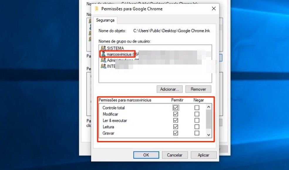 Screen for changing permissions on a folder in Windows 10 Photo: Playback / Marvin Costa