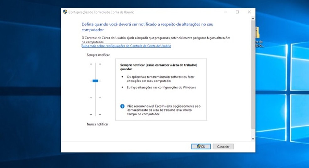 Screen for changing user account control settings in Windows 10 Photo: Playback / Marvin Costa