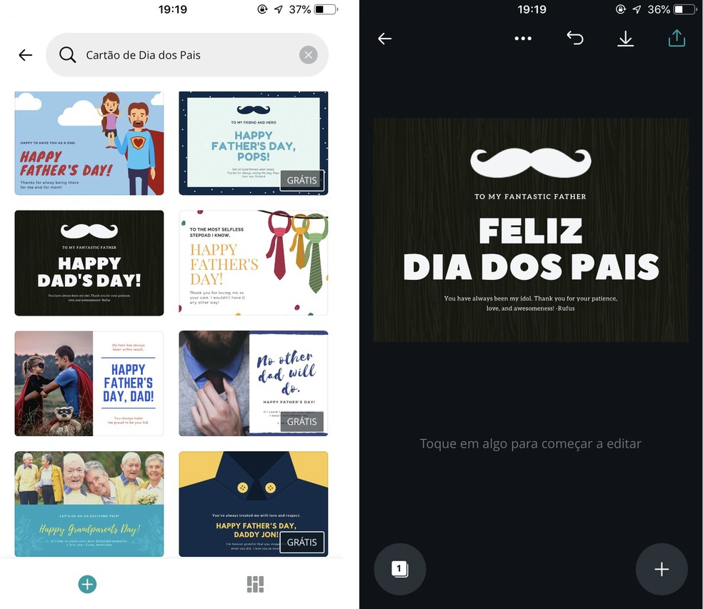 Canva edition app has cards ready to send on Father's Day Photo: Reproduction / Rodrigo Fernandes