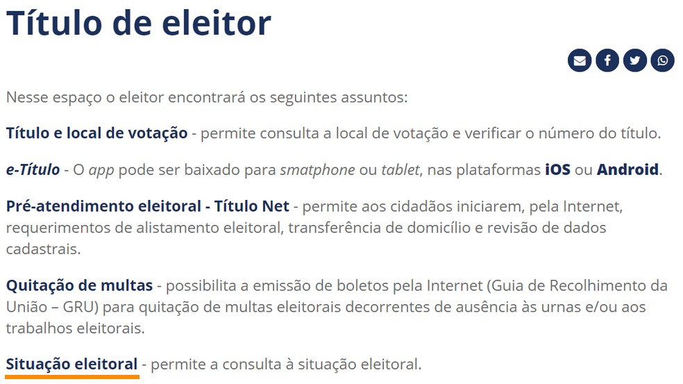 On the TSE website, select "Electoral Situation" Photo: Reproduction / Ana Letcia Loubak