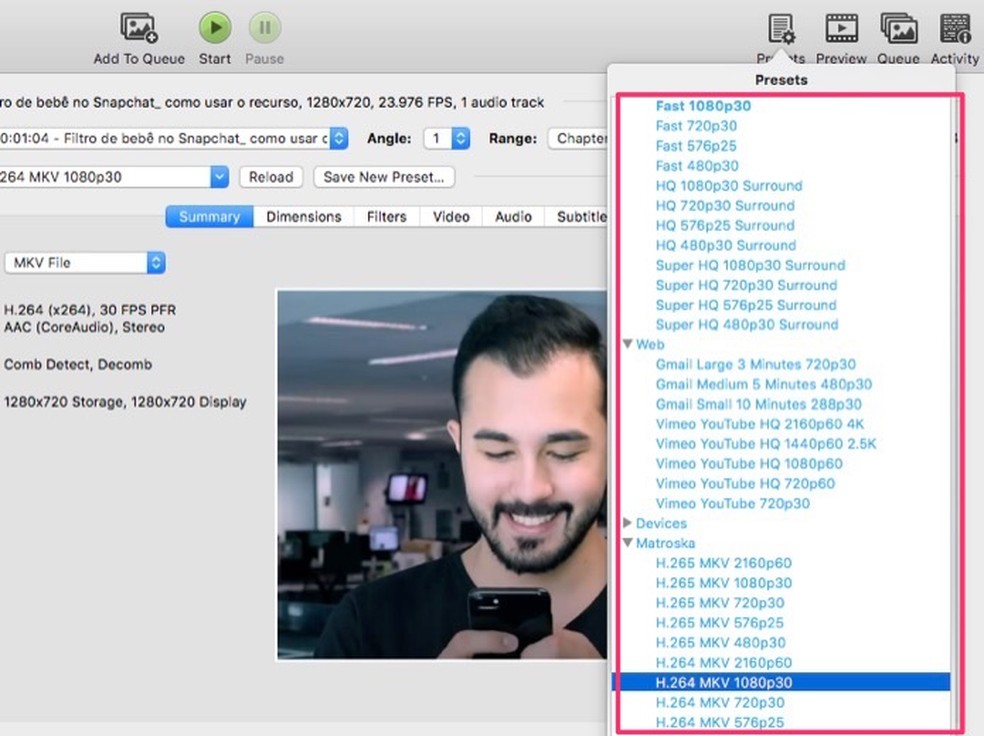 When to choose a video conversion preset from HandBrake software Photo: Playback / Marvin Costa