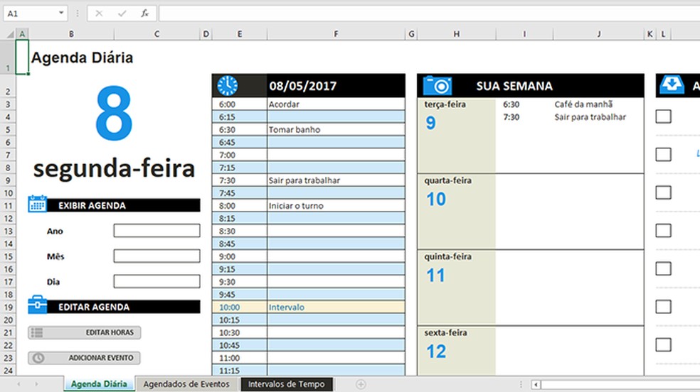 Excel calendar brings full summary of week's activities Photo: Reproduo / Paulo Alves
