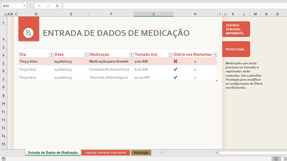 Spreadsheet allows you to control medicine administration Photo: Reproduction / Paulo Alves