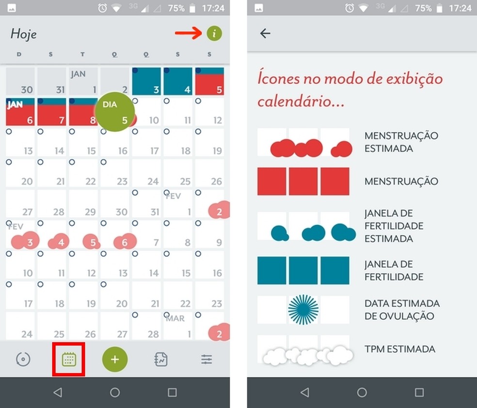 Menstrual cycle in the Clue app calendar shows the phase the woman is in. Photo: Reproduction / Raquel Freire