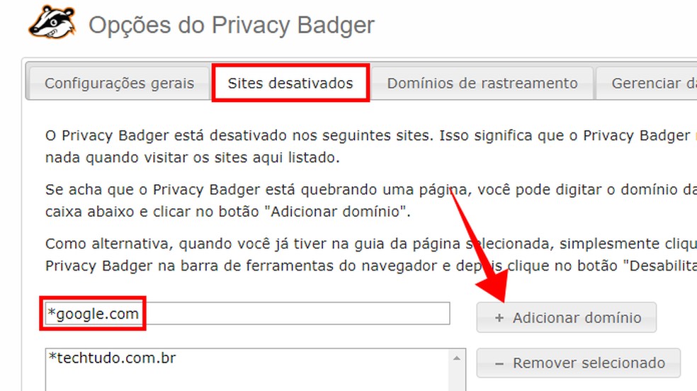 Add sites that Privacy Badger should not interfere with Photo: Reproduction / Paulo Alves