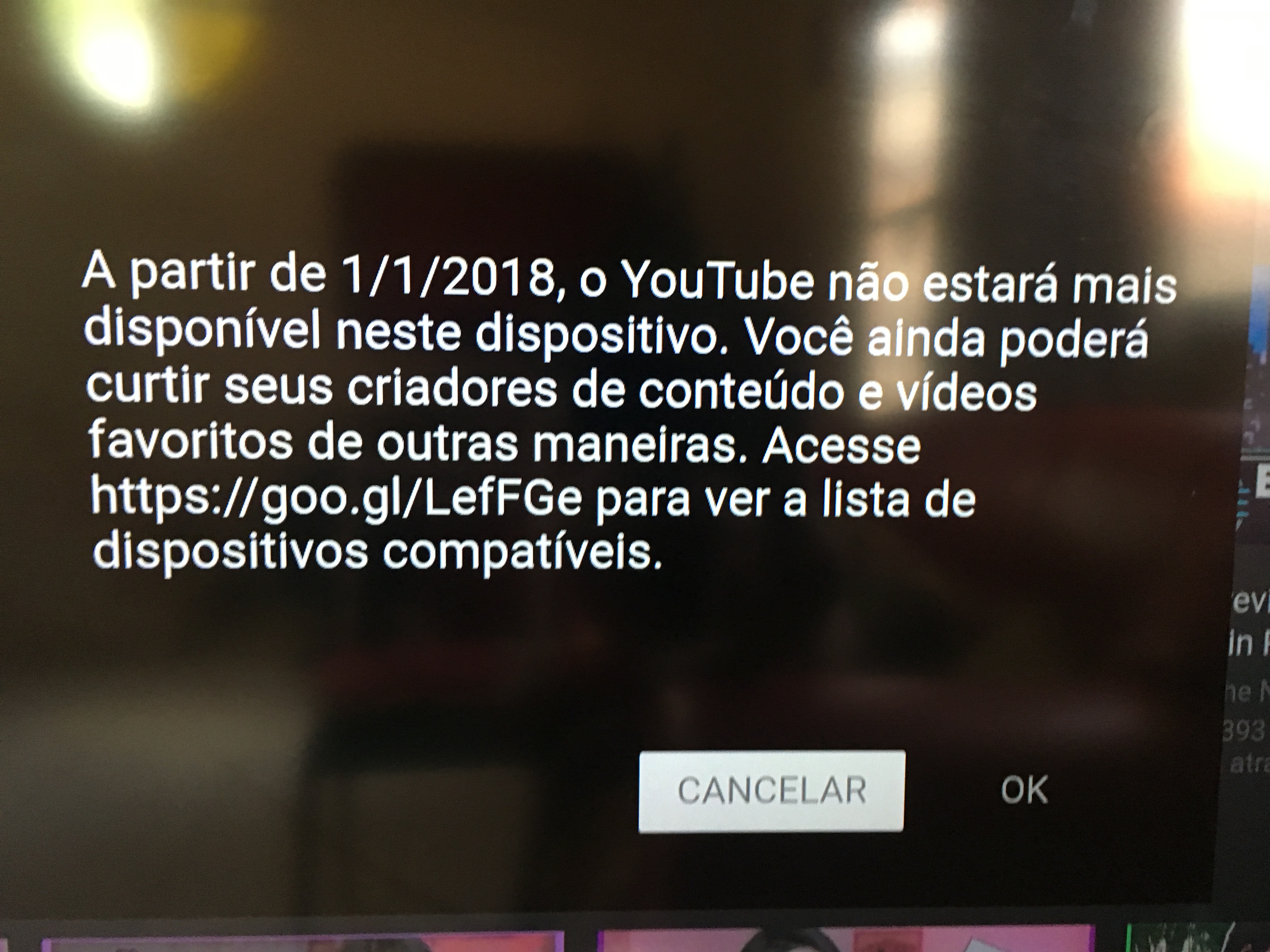 YouTube warning on Fire TV Stick