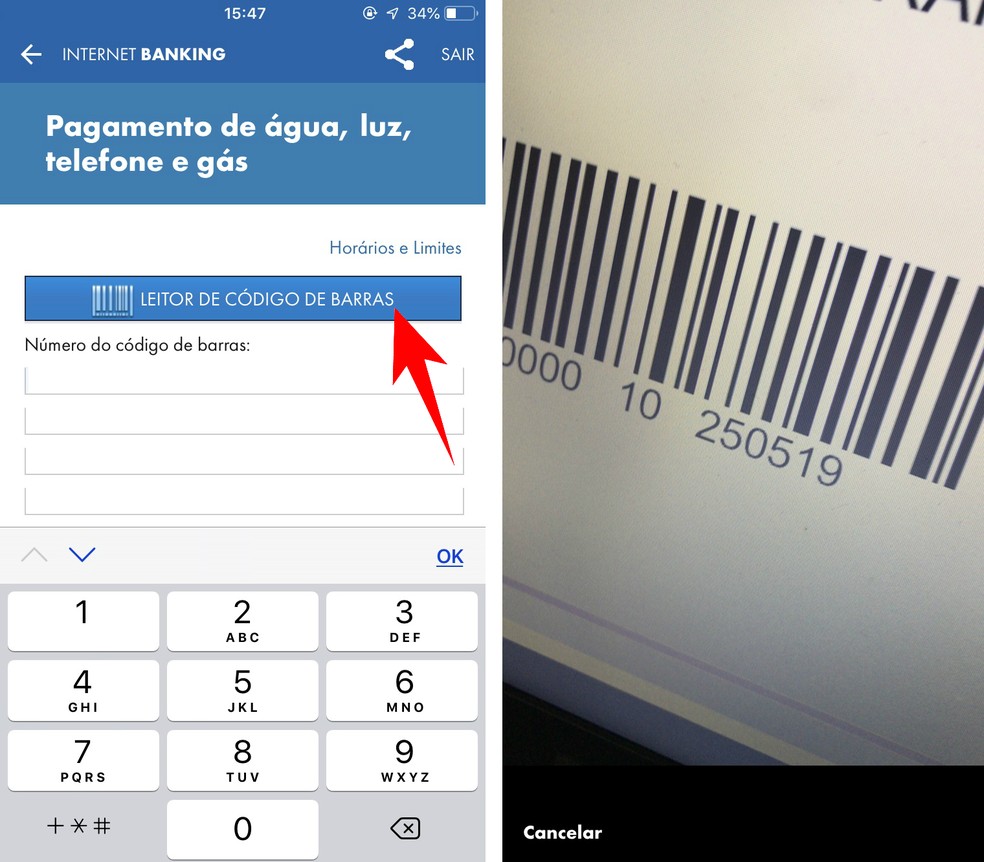 Cashier app lets you pay bills by typing or scanning the barcode Photo: Reproduction / Rodrigo Fernandes