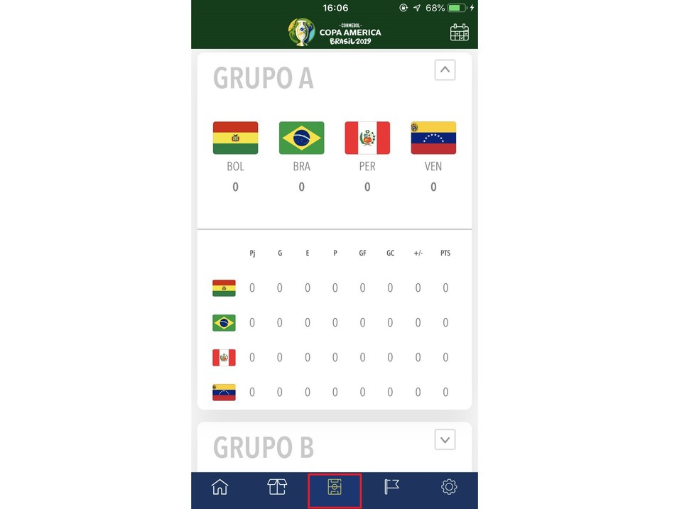 See the table of the Copa America groups by the official app of the tournament Photo: Reproduo / Rodrigo Fernandes