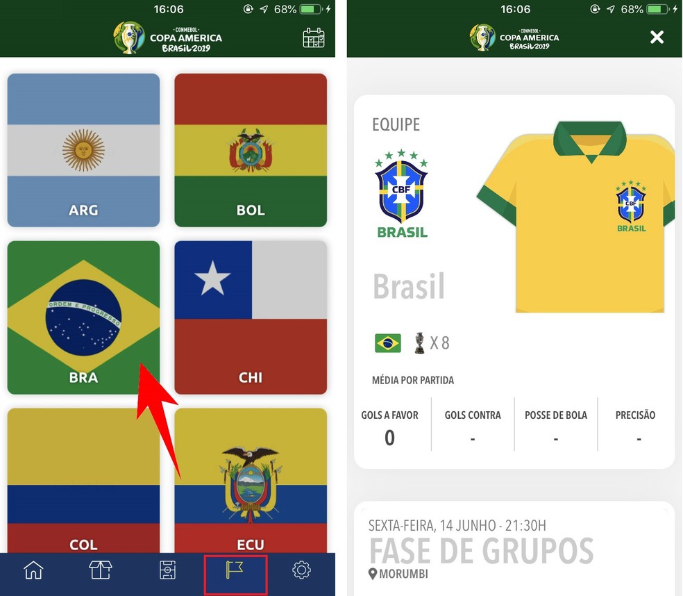 Each Copa America team has a unique page in the official competition app Photo: Reproduction / Rodrigo Fernandes