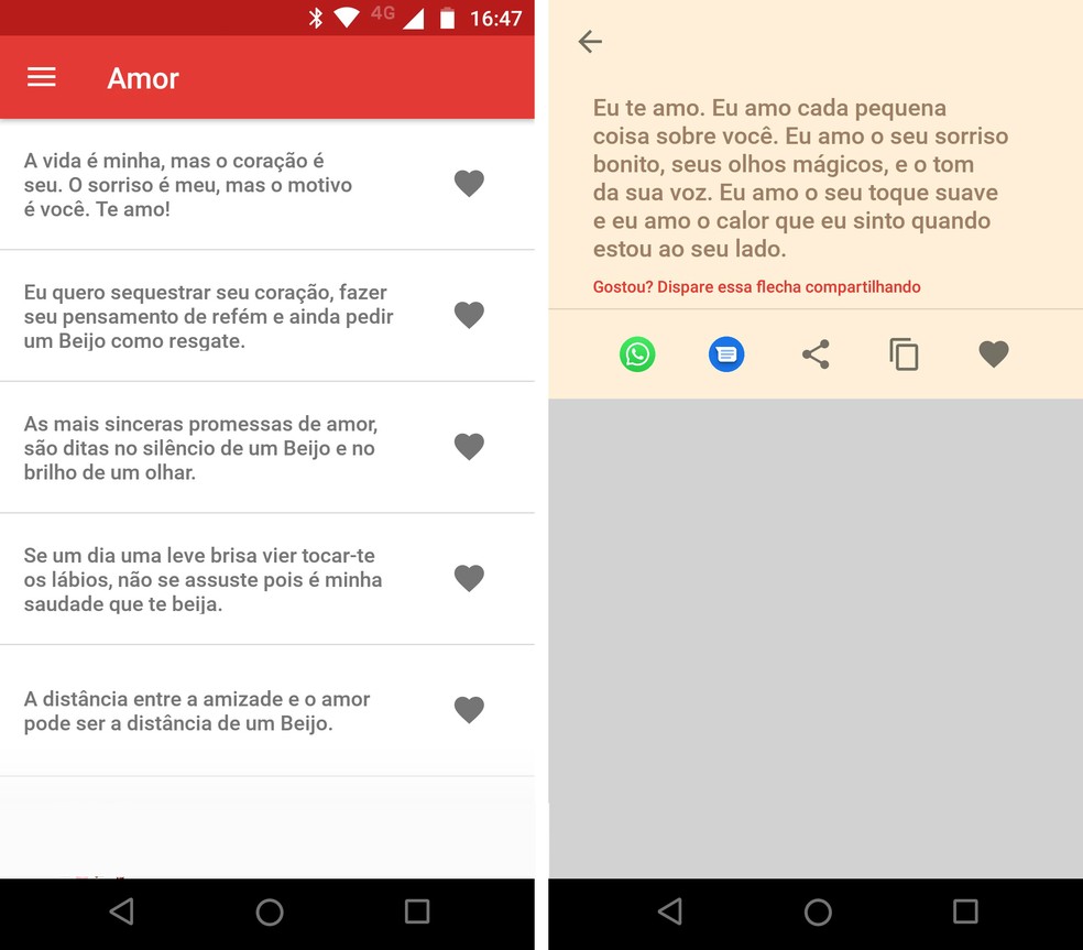 Phrases and Messages of Love app has several categories of romantic texts Photo: Reproduction / Rodrigo Fernandes