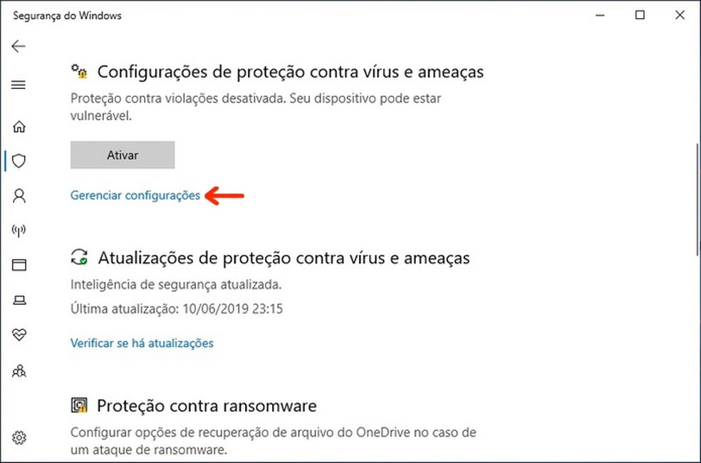 Path to Windows 10 virus and threat protection settings Photo: Playback / Raquel Freire