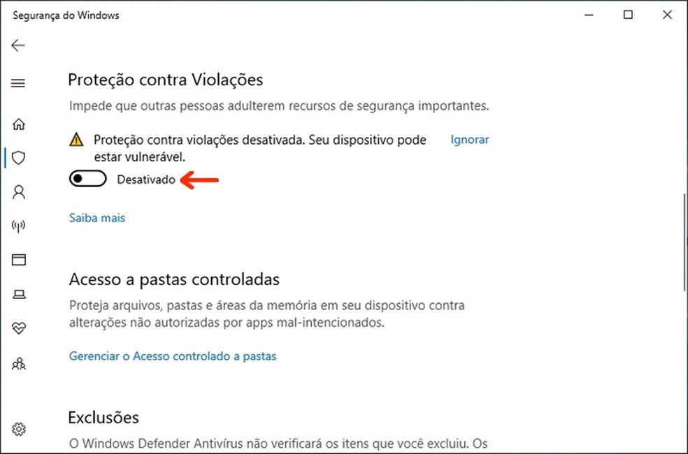 Windows 10 Tamper Protection Tool is off by default Photo: Playback / Raquel Freire