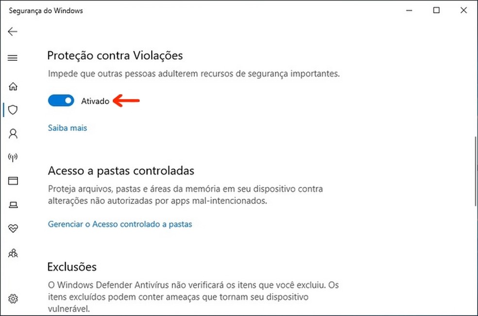 Tamper Protection enabled in Windows 10 Security pane Photo: Playback / Raquel Freire