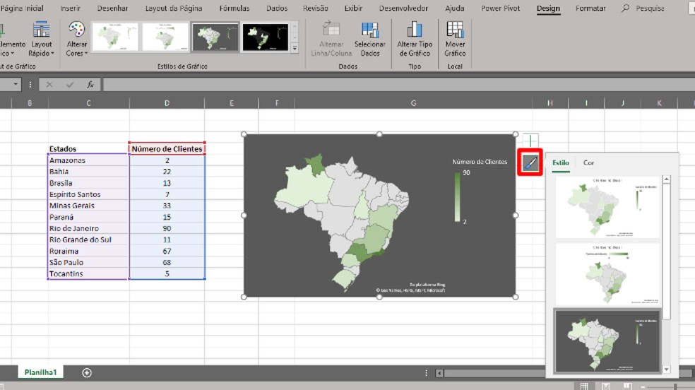 To change map colors, select it and click on the brush-shaped icon. Photo: Reproduo / Daniel Ribeiro