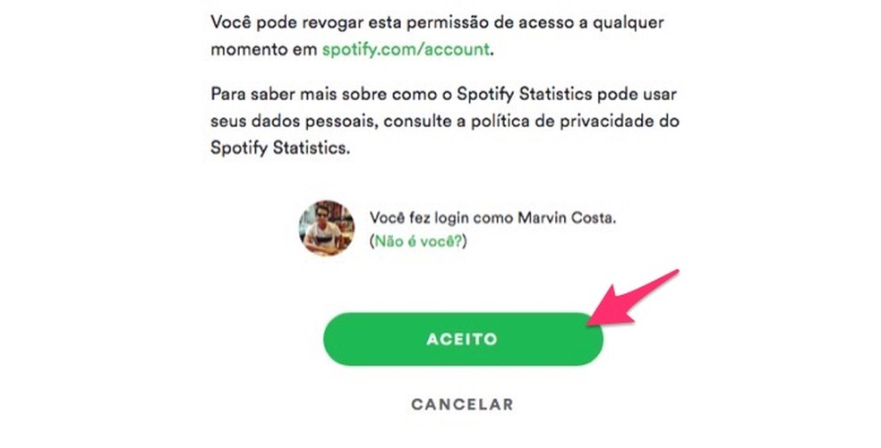 By allowing Spotify Statistics to use your Spotify data Photo: Reproduction / Marvin Costa