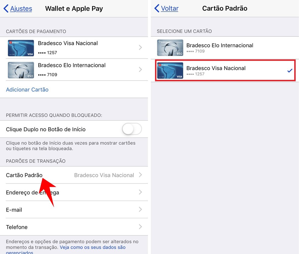 Selecting a standard Apple Pay payment card from iPhone Photo: Reproduction / Rodrigo Fernandes