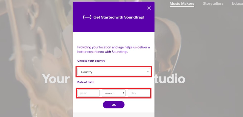Enter date of birth and country to complete Soundtrap registration Photo: Playback / Soundtrap