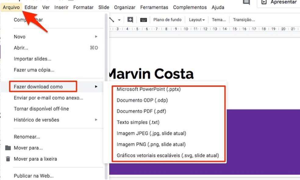 When to download a professional presentation created with Google Forms Photo: Reproduction / Marvin Costa