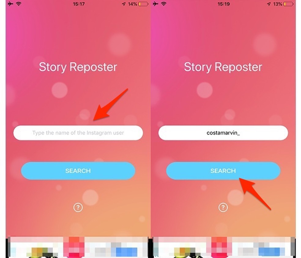 When searching for a user to share their Instagram stories with the Story Reposter app Photo: Playback / Marvin Costa