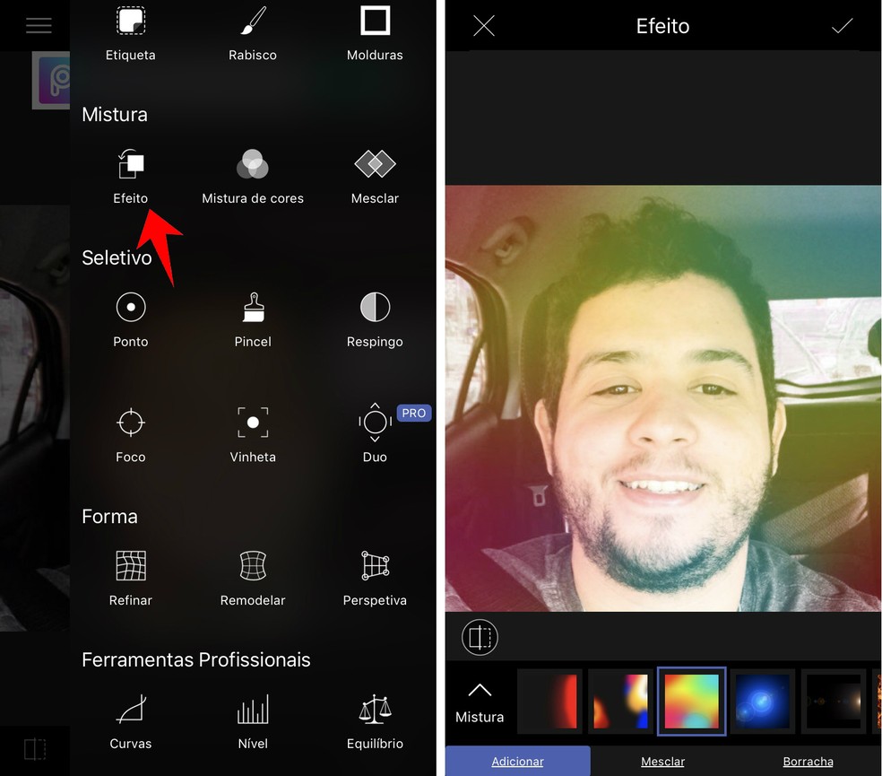LightX has colorful and psychedelic effects filters on photos Photo: Reproduction / Rodrigo Fernandes