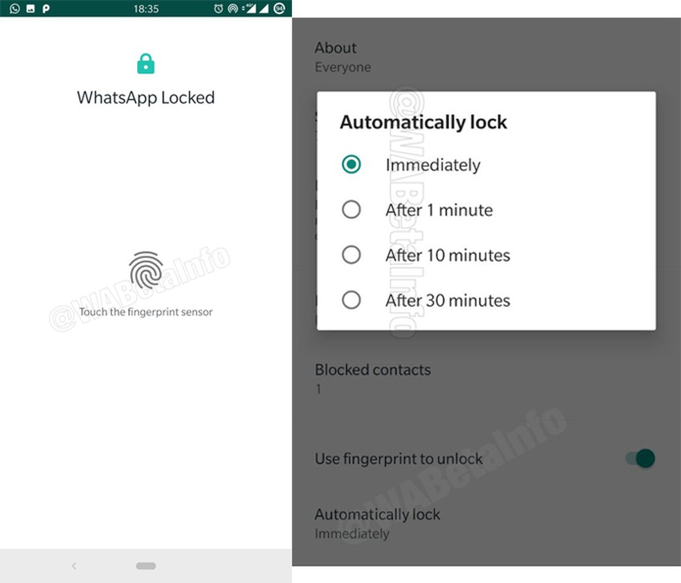 WhatsApp locking by fingerprint would trigger restriction on chat screenshots Photo: Divulgação / WABeta Info