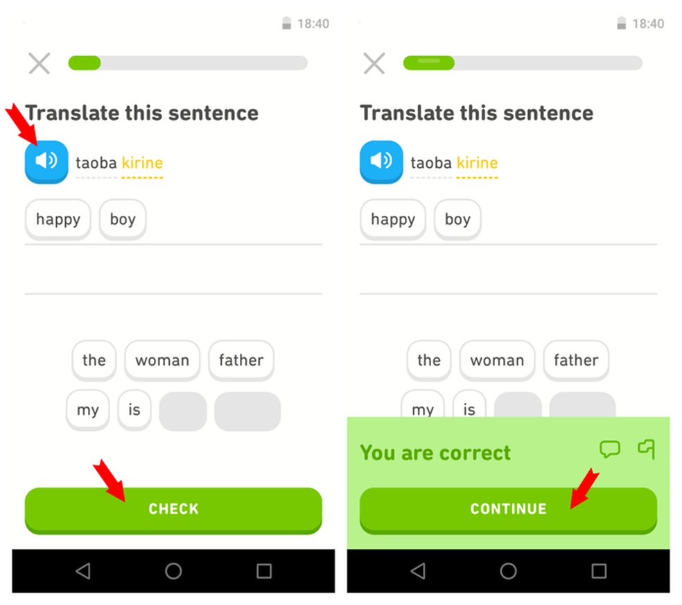 Throughout Duolingo questions, understanding words becomes easier. Photo: Reproduction / Adriano