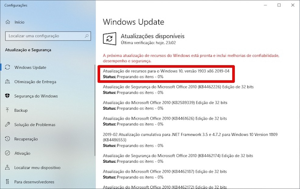Downloading Windows 10 May 2019 Update Photo: Reproduction / Helito Beggiora